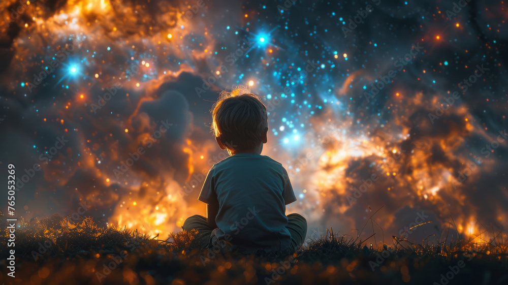 A happy amazed kid is sitting on the grass watching the sky full of stars,generative ai A happy amazed kid is sitting on the grass watching the sky full of stars,generative ai