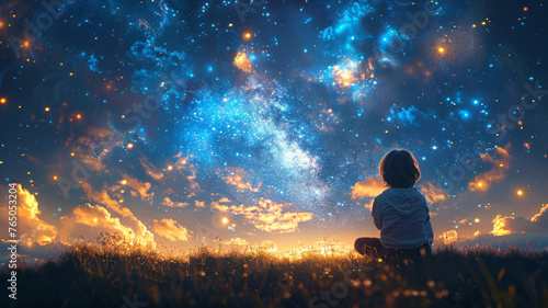 A happy amazed kid is sitting on the grass watching the sky full of stars generative ai