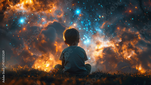 A happy amazed kid is sitting on the grass watching the sky full of stars,generative ai