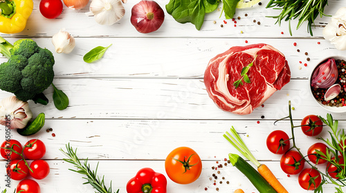 Fresh Vegetables and Raw Meat on White Wooden Background Top View