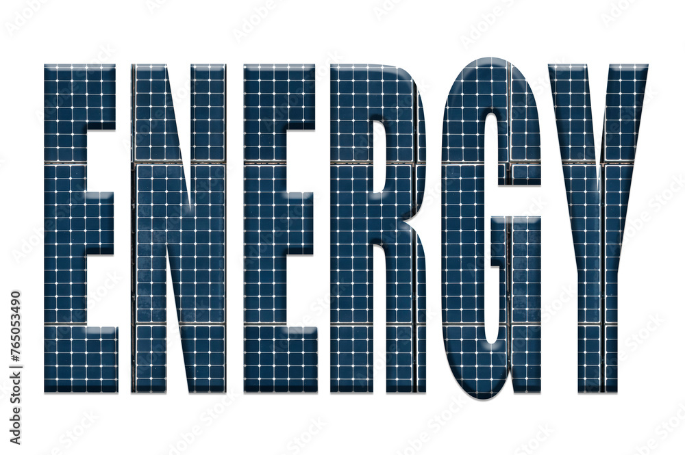 Solar energy photovoltaic panels with the word Energy - obrazy, fototapety, plakaty 