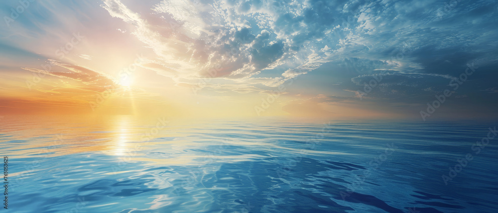 Obraz premium A beautiful blue ocean with a sun setting in the background