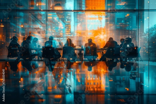 Blurred Group of business people having a meeting or brainstorming in a boardroom  glass partitions  Generative AI