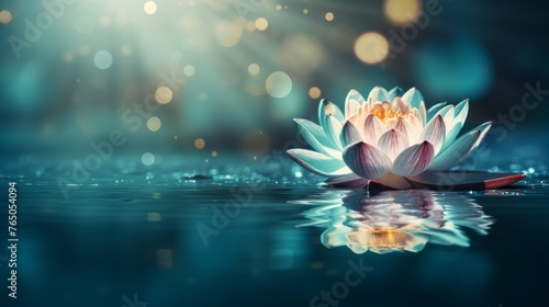 Illuminated lotus flower on turquoise water with ample space for text, captivating natural beauty © Aliaksandra
