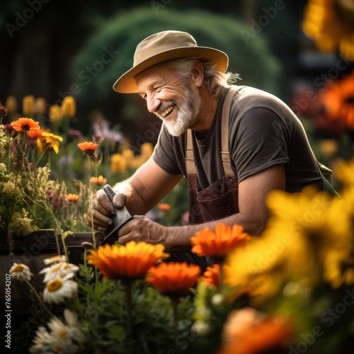 Man in a Hat Working in a Garden