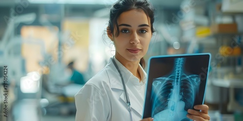 Female doctor holding Xray film in hospital diagnosing bone disease Copy space for text. Concept Medical, Female Doctor, X-ray, Hospital, Bone Disease