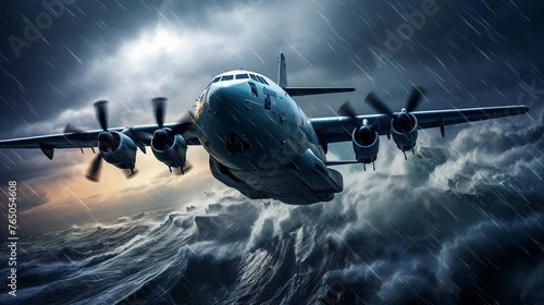 A  cargo transport plane flying through a turbulent storm over the open ocean. photo