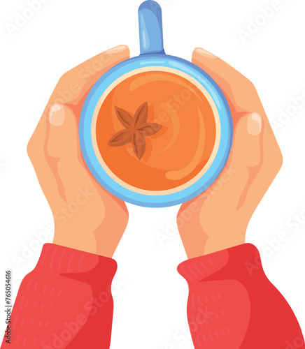 Hot drink cup in hands. Aroma spice tea
