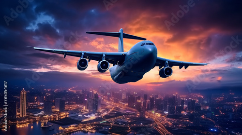 A cargo transport plane in mid-air against a backdrop of vibrant city lights at night.