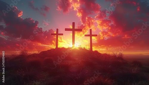 Crosses of Jesus Christ at sunset.