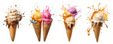 Set of Ice cream scoop on waffle cone flying splash explosion with sprinkles cream topping frosting on transparent background cutout, PNG file. Many assorted different. Mockup template for artwork