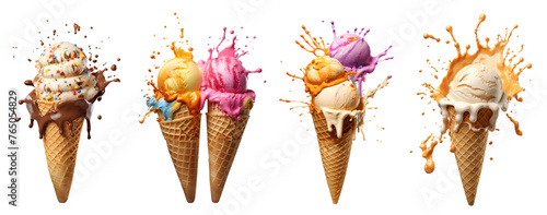 Set of Ice cream scoop on waffle cone flying splash explosion with sprinkles cream topping frosting on transparent background cutout, PNG file. Many assorted different. Mockup template for artwork photo