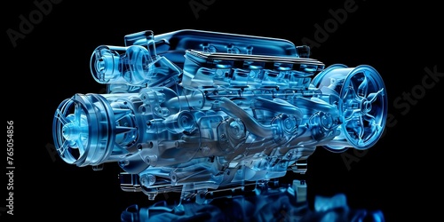 X-ray Render of a Contemporary Blue Car Engine with a Sleek Glassy Appearance. Concept Car Engine, X-ray Render, Contemporary Design, Blue Color, Glassy Appearance