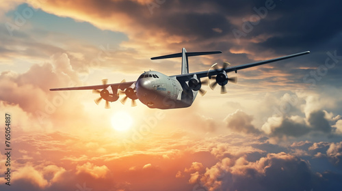A cargo transport plane soaring through a cloud-filled sky with the sun breaking through.