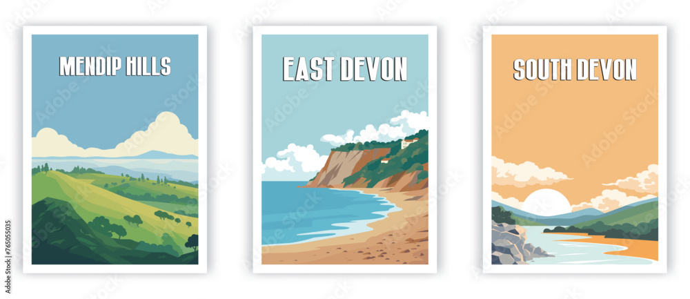 Mendip Hills, South Devon, East Devon Illustration Art. Travel Poster Wall Art. Minimalist Vector art
