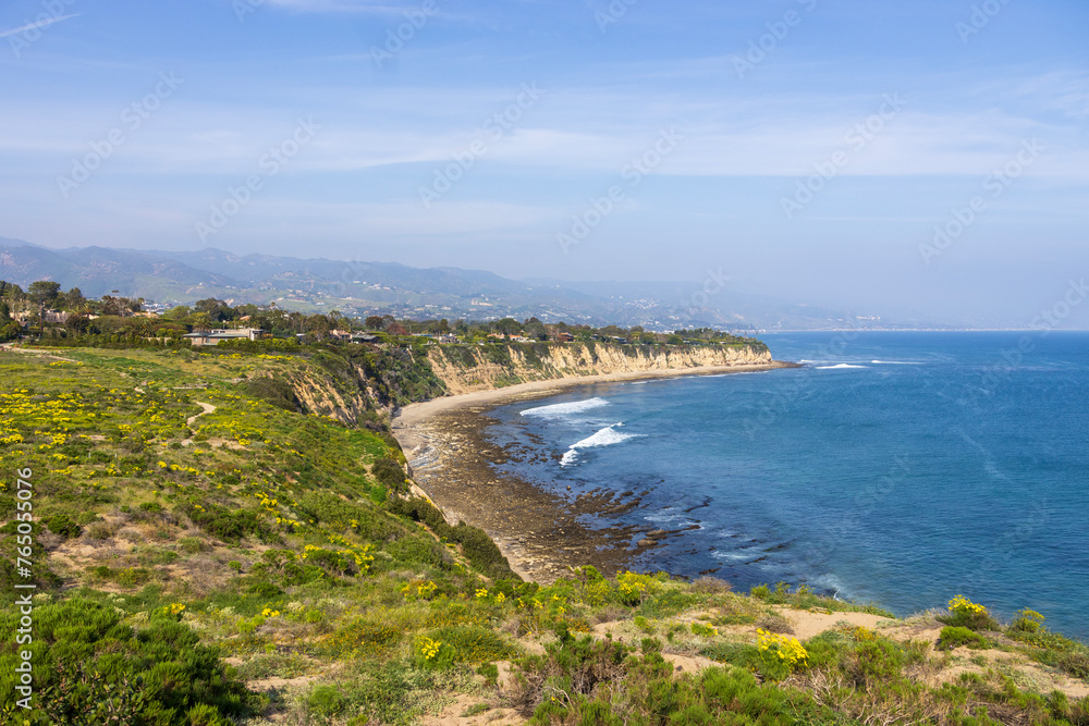 a beautiful spring landscape at Point Dume beach with blue ocean water, lush green trees and plants, homes along the cliffs, waves, blue sky and clouds in Malibu California USA