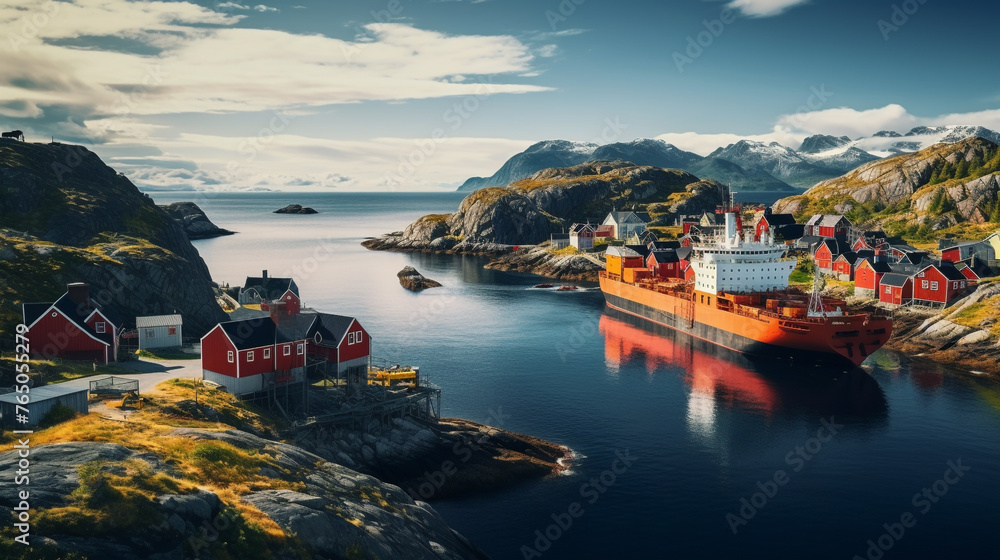 A  cargo transport ship passing by a remote coastal village with colorful houses.