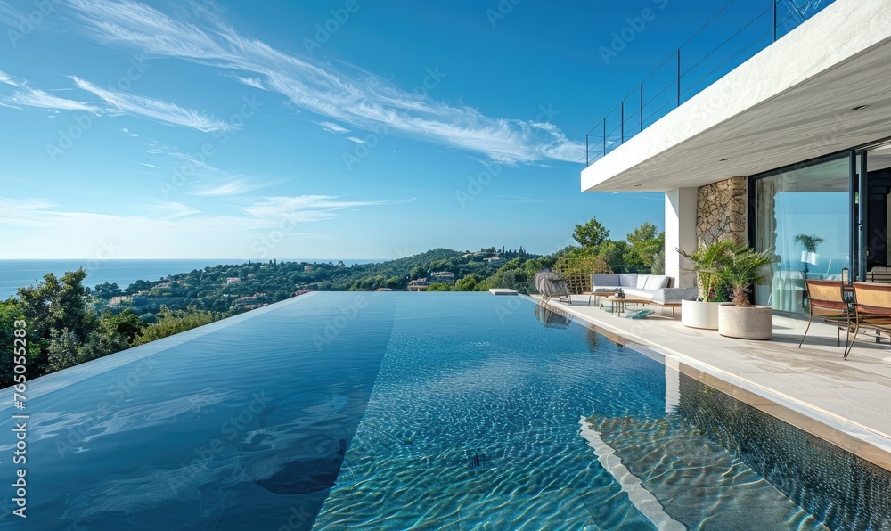 Modern luxury laconic mediterranean style house with pool - obrazy, fototapety, plakaty 