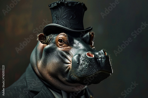 a dark and brooding designer hippo, dressed in a top hat and tie, is captured in this image. the photographically detailed portraitures showcase the animalier style, using photo-realistic 
