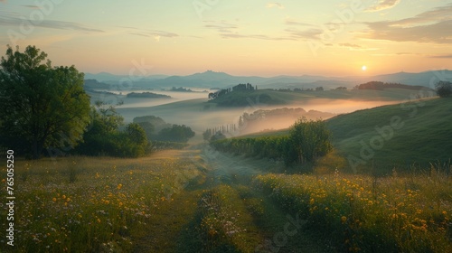 Misty hills at sunrise capture the ethereal beauty and soft light.
