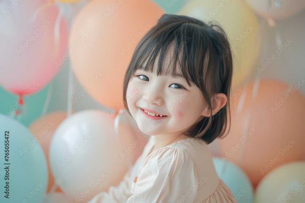 A little girl smiling happily and a balloon background A little girl smiling happily and a balloon background