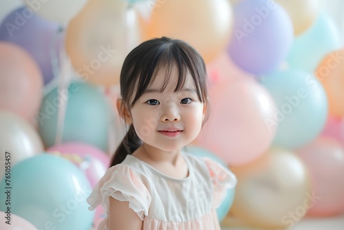 A little girl smiling happily and a balloon background
