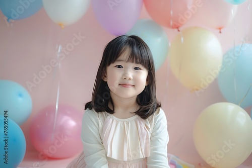 A little girl smiling happily and a balloon background