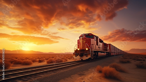 A cargo transport train crossing a vast desert landscape with a dramatic sunset.