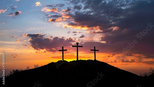 Three Crosses on Calvary at Sunset