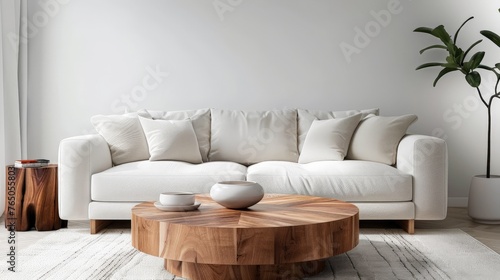 a round wooden coffee table in front of a white sofa in a scandinavian styled living room
