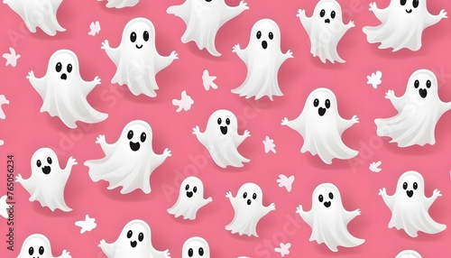 Halloween ghost seamless pattern background. Holidays cute ghost cartoon character. Pink background