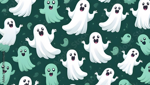 Halloween ghost seamless pattern background. Holidays cute ghost cartoon character. Green background