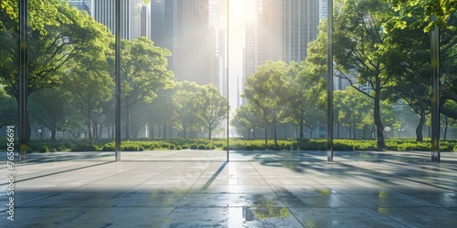 A modern urban park with glass walls, reflecting the city skyline and skyscrapers in the background Generative AI