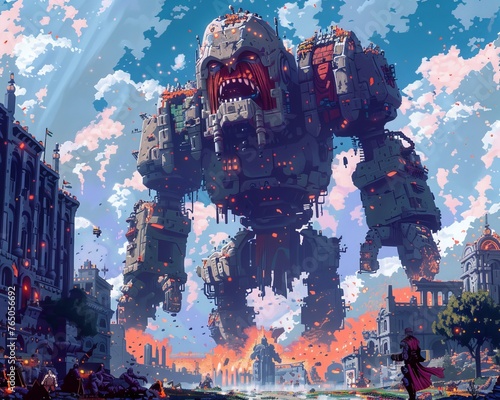 A virtual reality arena, giants battling in a pixel-art landscape, with Sladar and juggernauts clashing, mermaids and golems watching, under a jokers mocking gaze