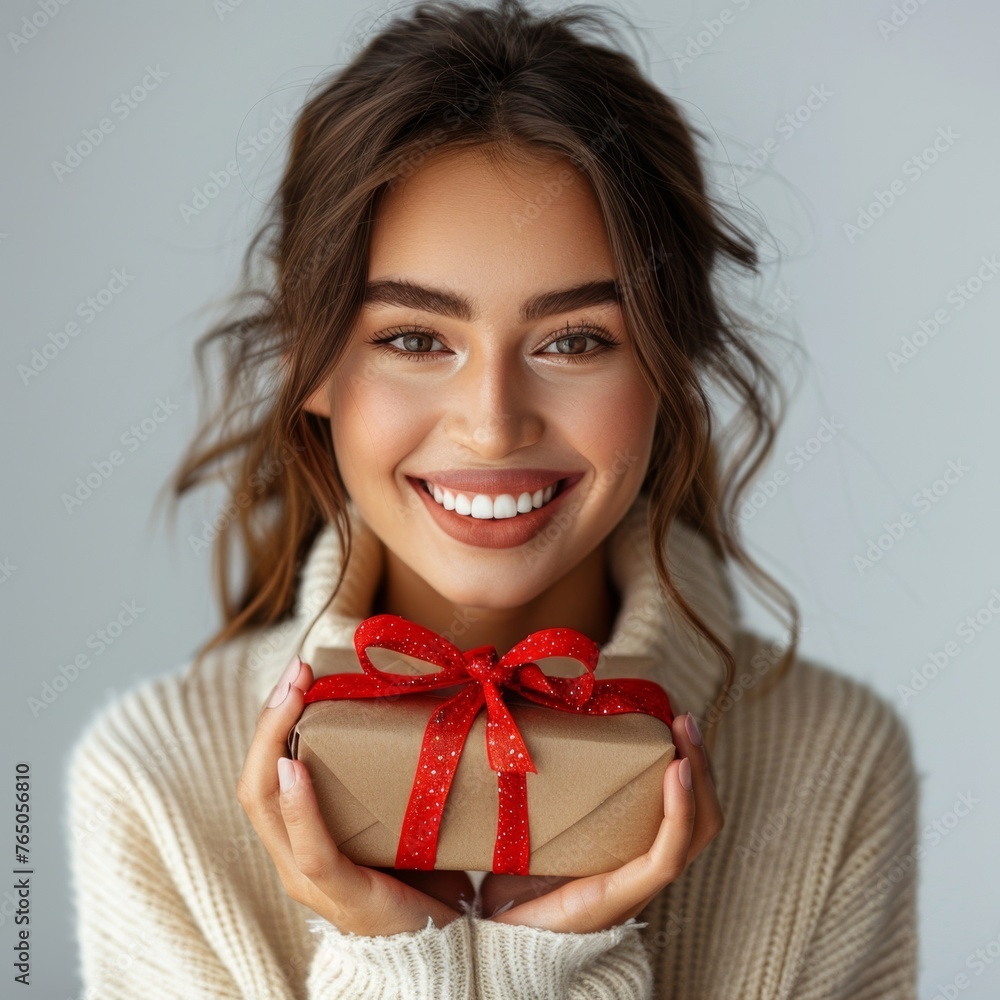 Woman Holding Present Box With Red Ribbon Woman Holding Present Box With Red Ribbon