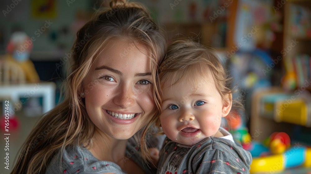 photo of caucasian teacher nursing a baby in kidergarden, babies playing toys in background, modern nursery school ,generative ai photo of caucasian teacher nursing a baby in kidergarden, babies playing toys in background, modern nursery school ,generative ai