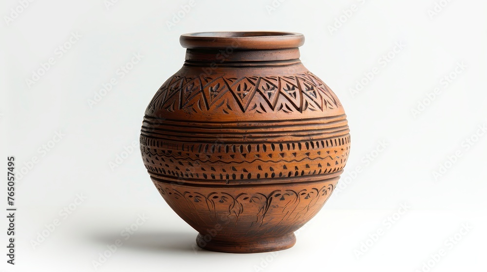 An intricately designed handcrafted terracotta pot with ethnic patterns, presented on a clean white background.