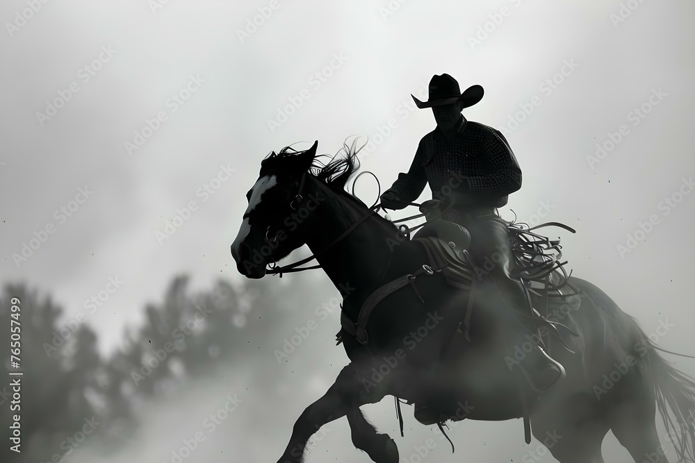 Fototapeta premium Cowboy on a bucking bronco at a rodeo. Concept Wild West, Cowboy Culture, Rodeo Events, Bronco Riding, American Traditions