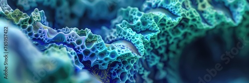 Abstract art with intricate blue and green organic patterns, resembling a microorganism or coral. © Anton Moskovchenko