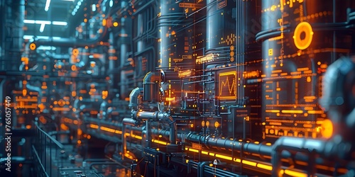 A digital diagram showcasing a smart industry workflow with virtual screens and IoT technology. Concept Digital Workflow, Smart Industry, Virtual Screens, IoT Technology, Industrial Automation