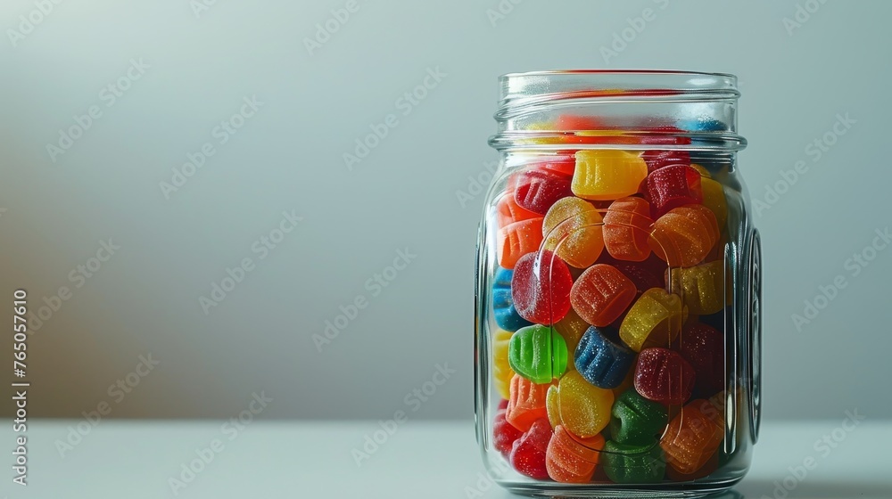A transparent jar overflows with multicolored gummy candies, set against a softly lit gradient background. A transparent jar overflows with multicolored gummy candies, set against a softly lit gradient background.