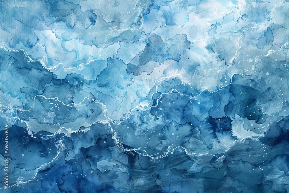 Obraz premium Blue alcohol stains of paint with the addition of waves of paint, abstract blue waves of the ocean, lines of marble. Liquid paints, gradient stains, painting. generative ai