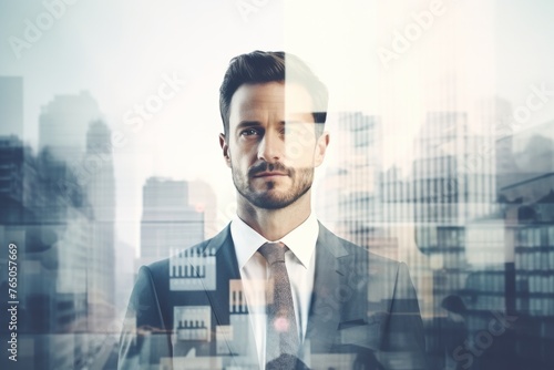 The double exposure image of the business man standing back during overlay with cityscape. Generative AI.