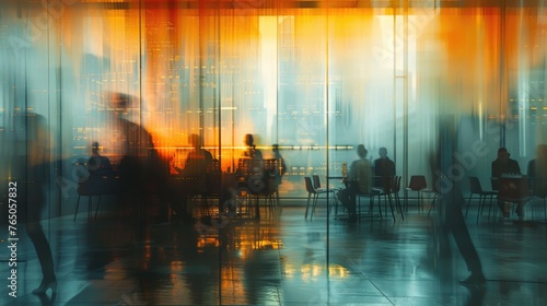 A blurry image of people sitting at a table.