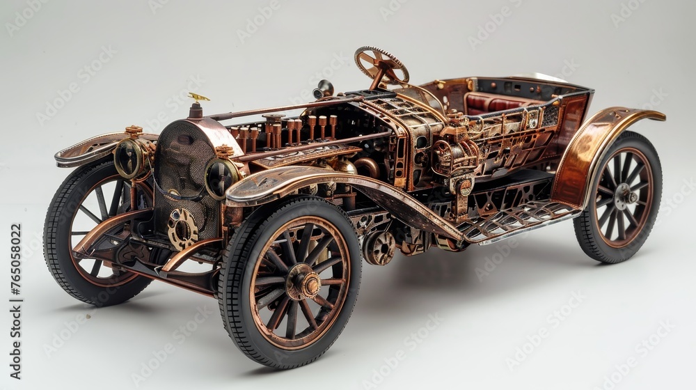 This image features a meticulously detailed steampunk car model with an elaborate design, combining vintage automotive elements and mechanical aesthetics on a clean white background.
