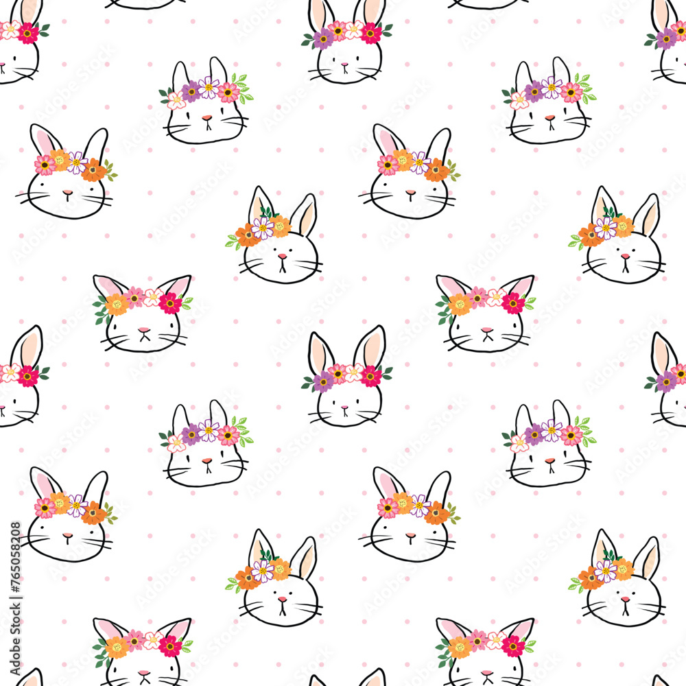Seamless Pattern of Cartoon Rabbit Face and Flower Design on White Background with Pink Dots