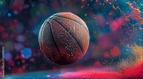  basketball on splashing abstract colorful dust background.