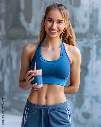 young woman in sportswear with healthy drink on studio background