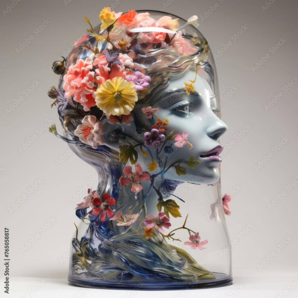A fusion of human and floral elements within a glass sculpture