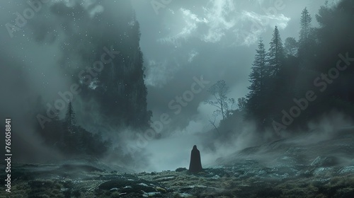 moonlit mystery: a black silhouette against a foggy, eerie forest landscape under the moonlight